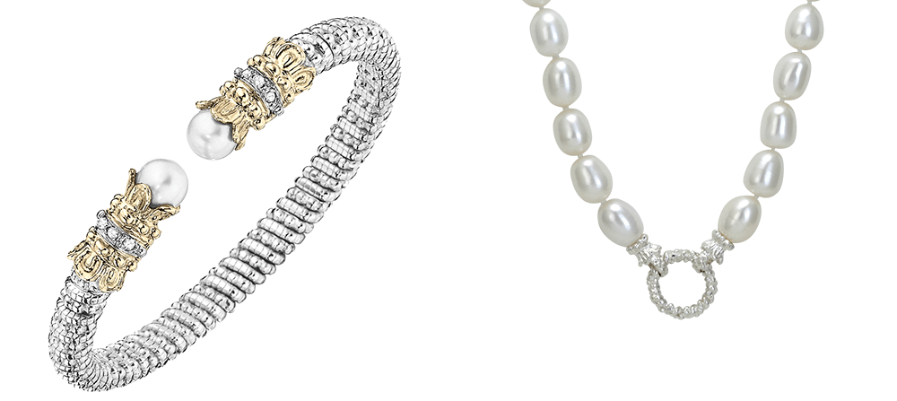 On the left, a silver and gold pearl bracelet with pearl accents. On the right, a freshwater pearl necklace is a sterling silver pendant
