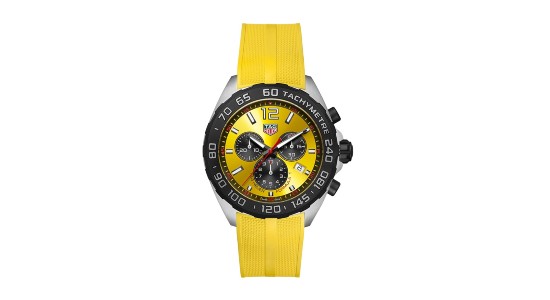 a yellow, black, and silver watch by TAG Heuer