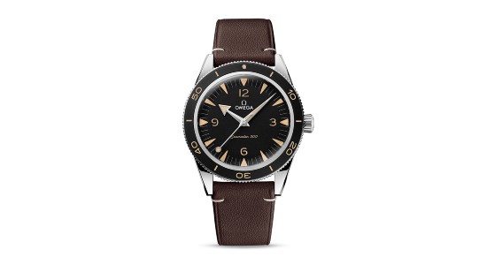 a silver watch with a black dial, gold indices, and a brown strap