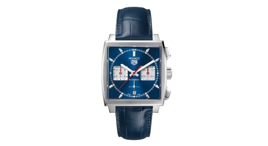 a square case TAG Heuer watch with a blue dial and strap