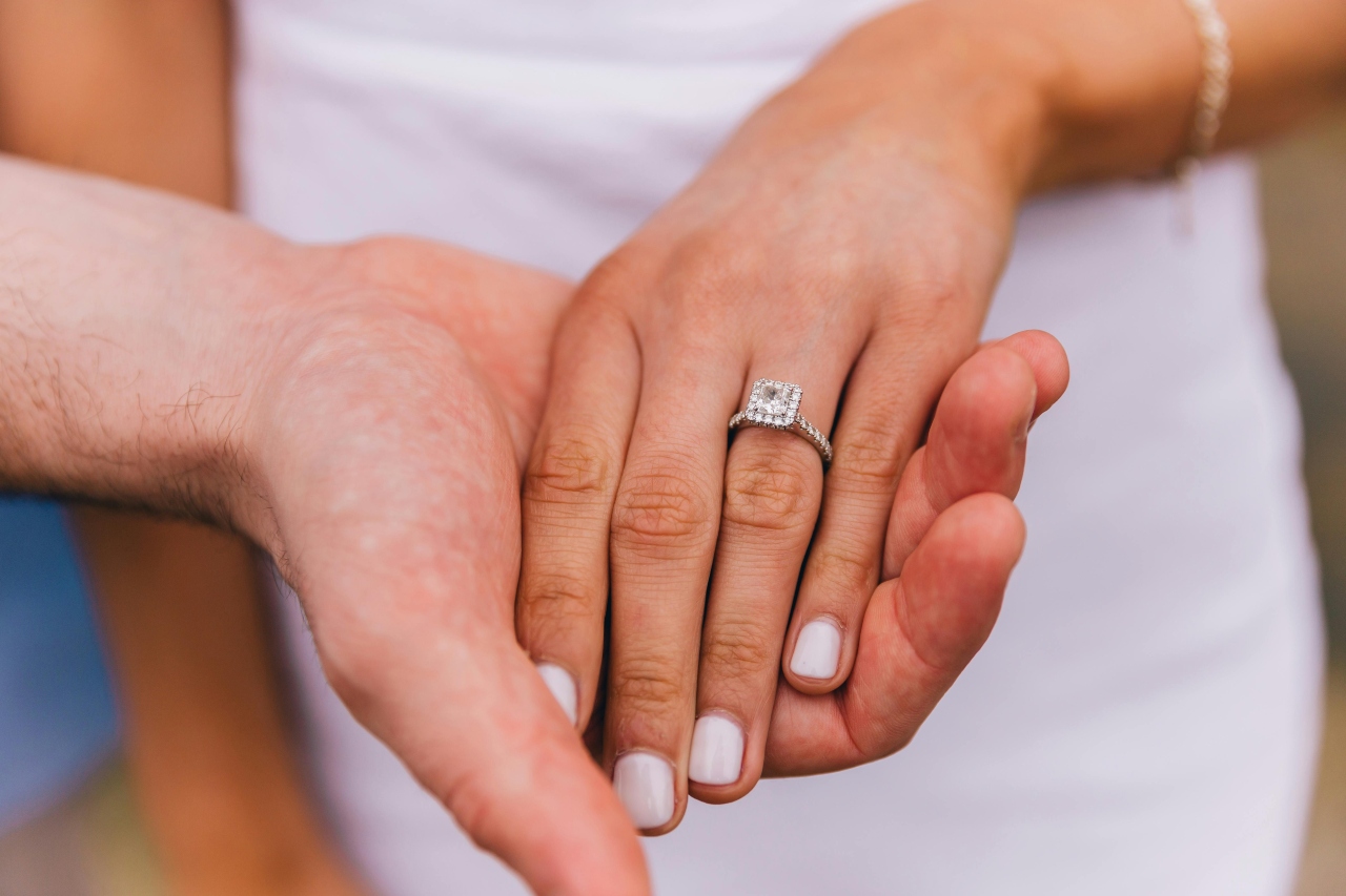 a woman’s hand being held by a man’s, adorned with a princess cut engagement ring